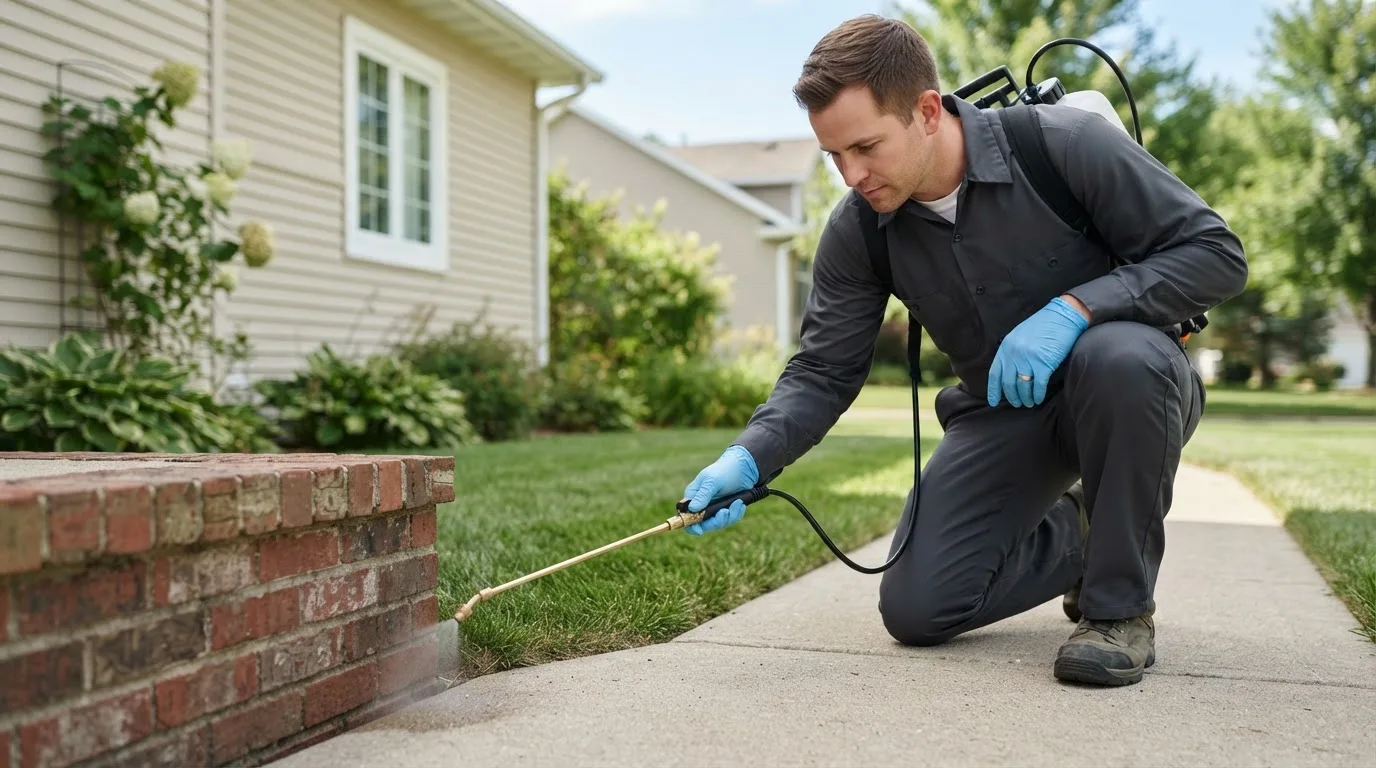 Pest control technician treating a home near Bellevue, TX